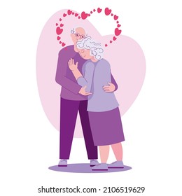 Eldery couple hugging. Old man and woman embracing. Senior couple in love. Vector cartoon characters isolated, icon, simbol. Valentine day background