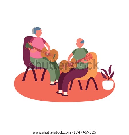 eldery couple playing guitars in home activity free form style vector illustration design