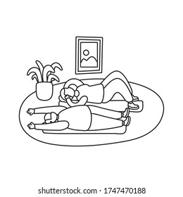 eldery couple practicing exercise in home activity line style vector illustration design