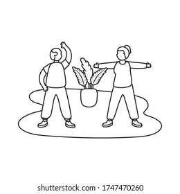 pareja de ancianos practicando ejercicio en el diseño de ilustraciones vectoriales estilo de línea de actividad doméstica