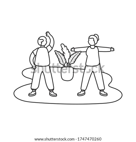 eldery couple practicing exercise in home activity line style vector illustration design