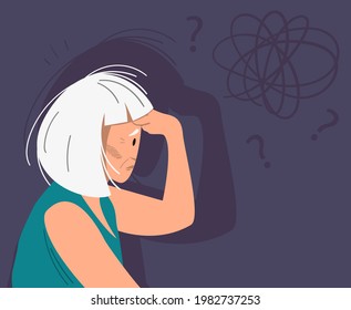 Eldery gray-haired woman with dementia and bewildered thoughts in her mind. Concept of memory loss anf fight with amnesia and mental disorder. Vector illustration.