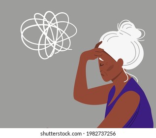 Eldery gray-haired woman with dementia and bewildered thoughts in her mind. Concept of memory loss anf fight with amnesia and mental disorder. Vector illustration.