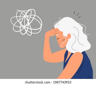 Eldery gray-haired woman with dementia and bewildered thoughts in her mind. Concept of memory loss anf fight with amnesia and mental disorder. Vector illustration.