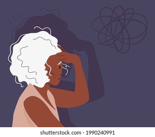 Eldery gray-haired woman with dementia and bewildered thoughts in her mind. Concept of memory loss anf fight with amnesia and mental disorder. Vector illustration.