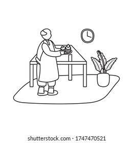eldery man cooking cupcakes in home activity line style vector illustration design