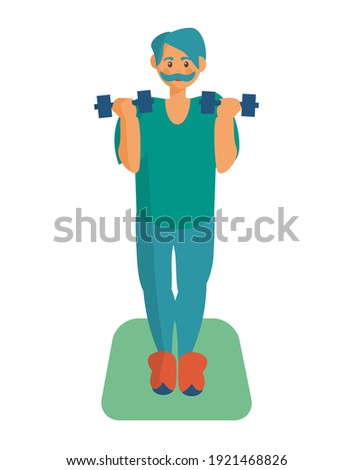 Eldery man doing exercises with dumbbells Workout at home Cartoon illustration