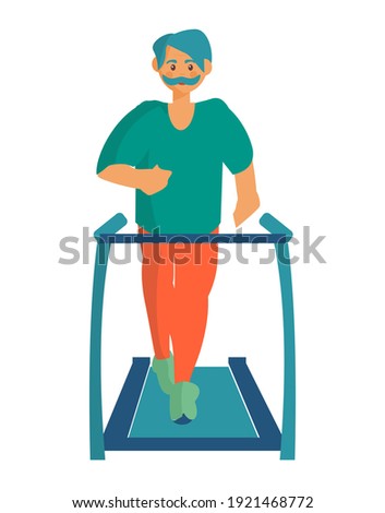 Eldery man doing exercises on treadmill Workout at home Cartoon illustration