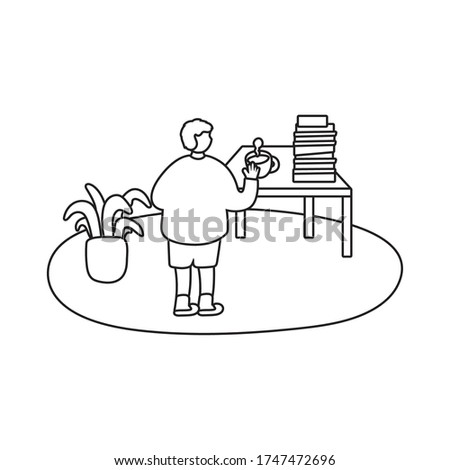 eldery man drinking coffee in home activity line style vector illustration design