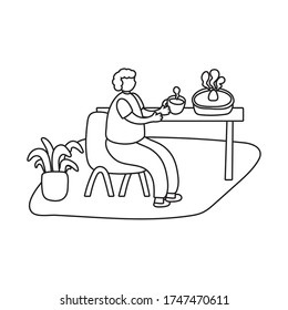 eldery man eating coffee and pie in home activity line style vector illustration design