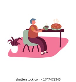 eldery man eating coffee and pie in home activity free form style vector illustration design