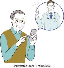eldery man having online consultation with doctor on smartphone