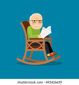 Eldery man on wheelchair reading newspaper. Vector illustration