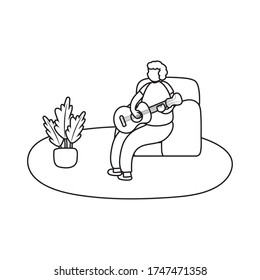 eldery man playing guitar in home activity line style vector illustration design
