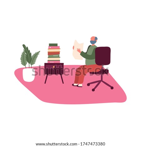 eldery man reading newspaper in home activity free form style vector illustration design