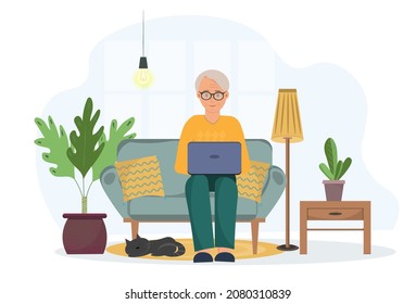 An eldery man sitting on the sofa with the laptop, chatting or working at home, domestic life concept, flat vector illustration