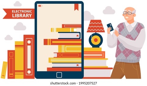 Eldery man with smartphone is using online library. Male character using mobile device in home. Old man is reading online. Person uses technology to rest. Smiling man looking at phone screen