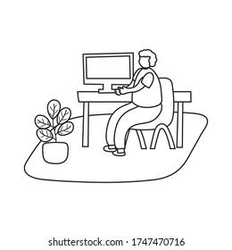 eldery man using desktop in home activity line style vector illustration design