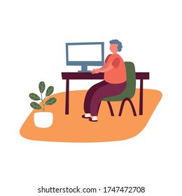 eldery man using desktop in home activity free form style vector illustration design