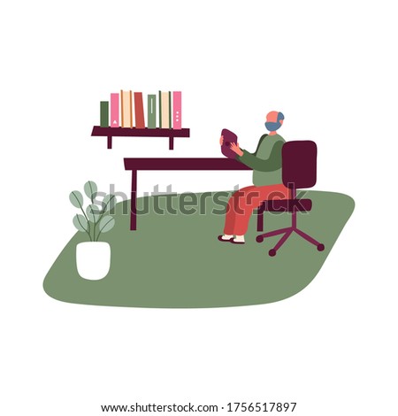 eldery man using tablet in home activity free form style vector illustration design