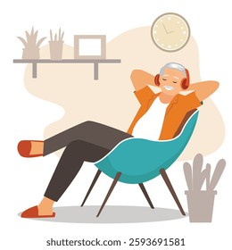 eldery man wear casual shirt with head phones lay down on blue chair listen to music sleep take nap stay at home . resting, relax spend free spare time in living room indoors. vector, illustration