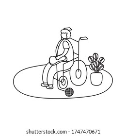 eldery man in wheelchair at home activity line style vector illustration design