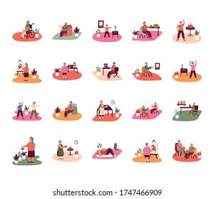 eldery people practicing activities in home scenes vector illustration design