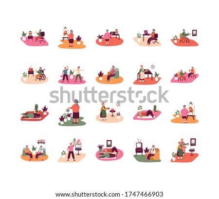 eldery people practicing activities in home scenes vector illustration design