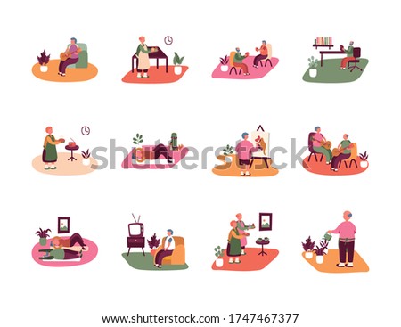 eldery people practicing activities in home scenes vector illustration design