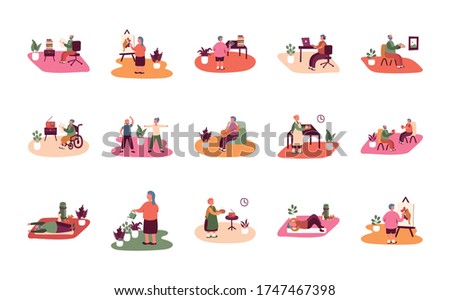 eldery people practicing activities in home scenes vector illustration design