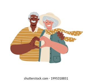 Eldery people standing on white background making heart with their fingers and smiling,love,romantic relationships.Multiracial couple of old people, happy marriage.Vector flat illustration.