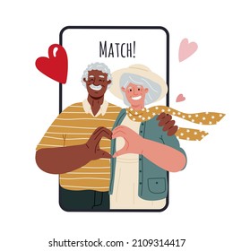 Eldery people standing on white background making heart with their fingers and smiling,love,romantic relationships.Multiracial couple of old people, happy marriage.Vector flat illustration.