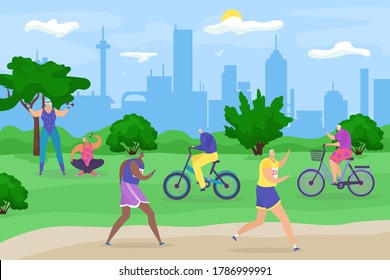Eldery senior people in park, active lifestyle for old retired, jogging, bicycling and doing exercises flat cartoon vector illustration. Eldery grandparents men and women in city park.