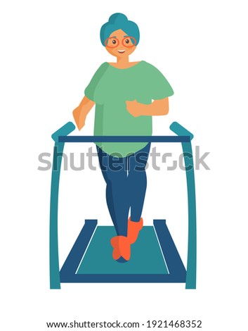 Eldery woman doing exercises on treadmill Workout at home Cartoon illustration