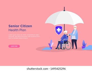 Eldery woman with her caregiver, wheel chair and shield. Home care or Elderly care concept. - Vector