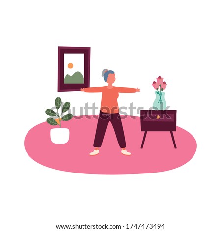 eldery woman practicing exercise in home activity free form style vector illustration design