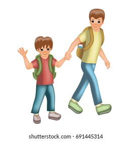 The eldest boy leads the younger to school. Brothers go hand in hand. Back to school, cartoon character isolated on white background.