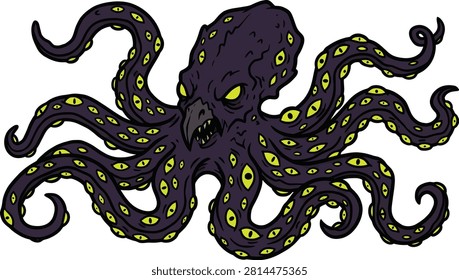 Eldritch monster with tentacles and eyes in vector style.