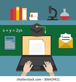 E-leanning and education in flat design . Vector illustration .