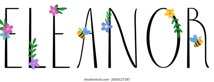 eleanor - black color name written with spring flowers and bees; spring vector graphics