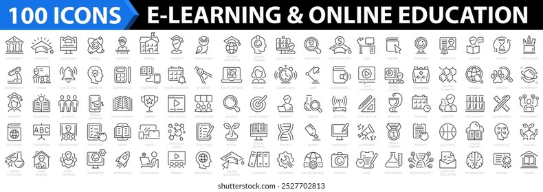 E-learning 100 icon set. Online Education icon collection. Distance learning. Video tuition, online course, audio course, digital education, educational website and more. Vector illustration