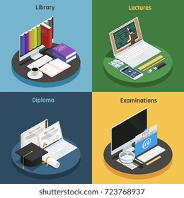 E-learning concepto isométrico 2x2 con diversos dispositivos biblioteca electrónica y diploma en coloridos fondos 3d ilustración vectorial aislada