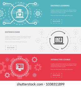eLearning 3 horizontal webpage banners template with Distance Learning, Distance Exam, Interactive Course concept. Flat modern isolated icons illustration.
