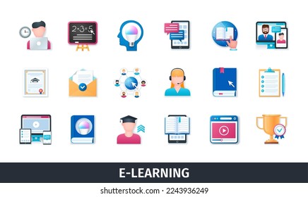 E-learning 3d vector icon set. Education, internet, email, book, online, devices, diploma, video lesson, support. Realistic objects in 3D style