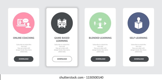 eLearning 4 webpage banners concept template with Online coaching, Game-based Learning, Blended Learning, Self-learning icons. Trendy web UI design concept