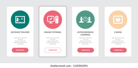 eLearning 4 webpage banners concept template with Distance teacher, Online tutorial, Asynchronous Learning, e-Book icons. Trendy web UI design concept
