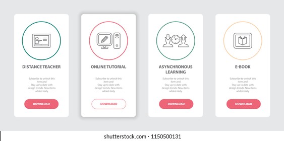 eLearning 4 webpage banners line concept template with Distance teacher, Online tutorial, Asynchronous Learning, e-Book icons. Modern web UI design concept