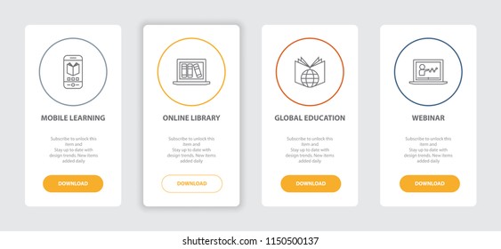eLearning 4 webpage banners line concept template with Mobile Learning, Online library, Global education, Webinar icons. Modern web UI design concept