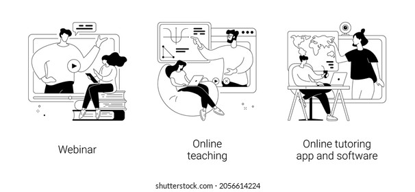 E-learning abstract concept vector illustration set. Webinar, online teaching, online tutoring app and software, video call and chat, video course, schedule software, learning plan abstract metaphor.