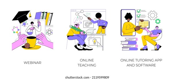 E-learning abstract concept vector illustration set. Webinar, online teaching, online tutoring app and software, video call and chat, video course, schedule software, learning plan abstract metaphor.